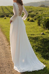 Long Sleeve Backless Chiffon Bridal Gown