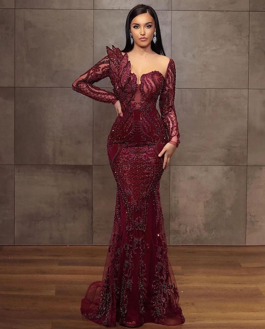 Charming Cabernet Long Sleeves Prom Dress Mermaid With Beadings Online