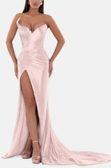 Royal Blue Prom Dress V Neck With High Slit Pleated Strapless Sleeveless