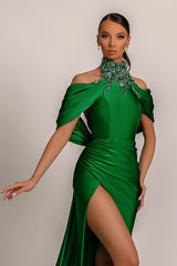 Classic Emerald Green High Neck Mermaid Prom Dress Split With beads