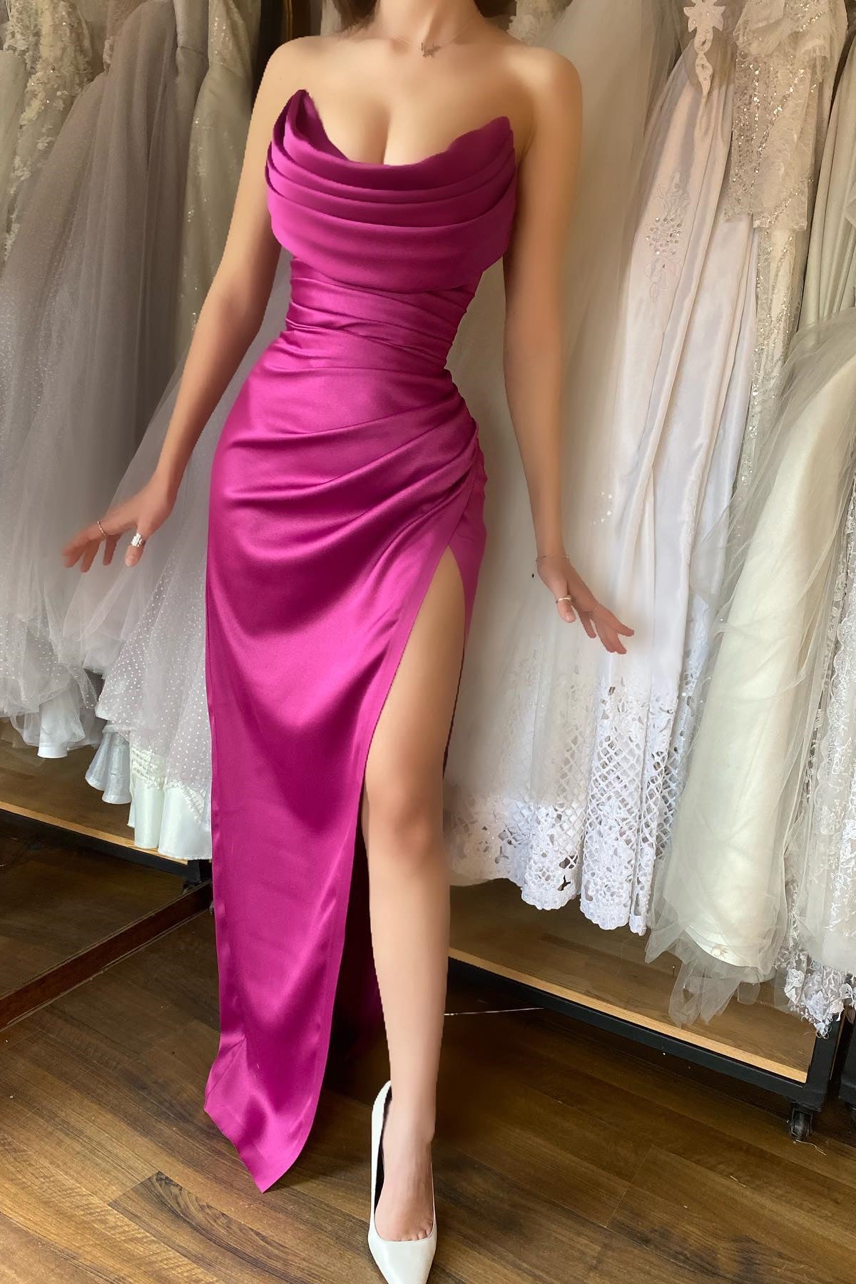 New Arrival Fuchsia Sweetheart Sleeveless Mermaid Prom Dress Pleats With Split