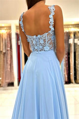Charming Sky Blue Sleeveless Prom Dress Long Chiffon Slit With Lace Appliques