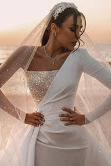 Elegant One Shoulder A-line Wedding Gown with Sequins and Long Sleeves