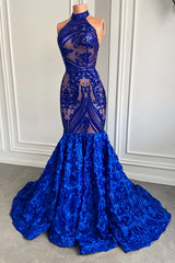Chic High Neckk Royal Blue Sequins Prom Dresses Mermaid With Flowers Bottom