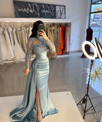 Stunning Dusty Blue Prom Dresses Long Sleeves Mermaid Split With Sequins