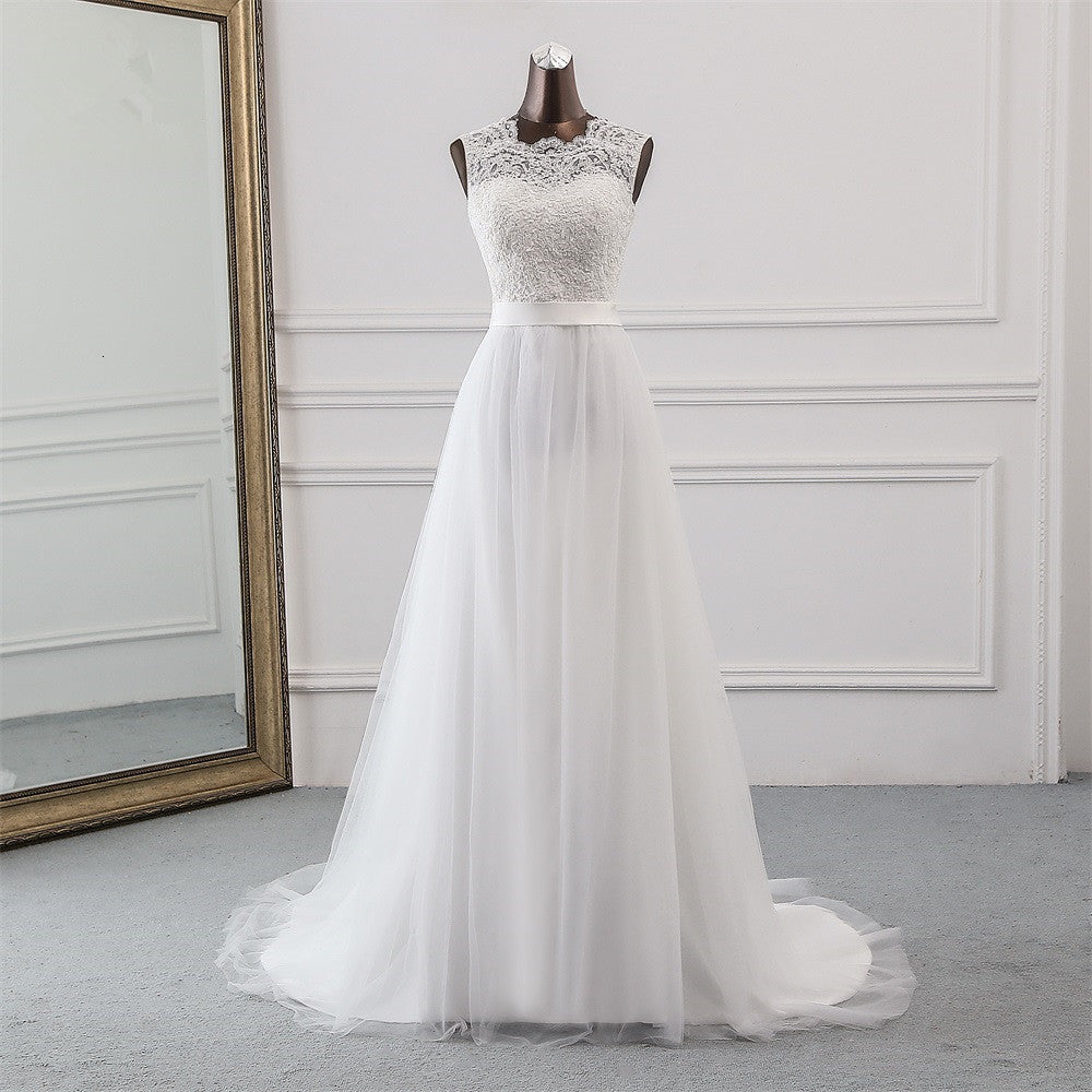 Long A-line Vintage Wedding Dress in Jewel Tulle with Lace Appliques