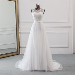 Long A-line Vintage Wedding Dress in Jewel Tulle with Lace Appliques