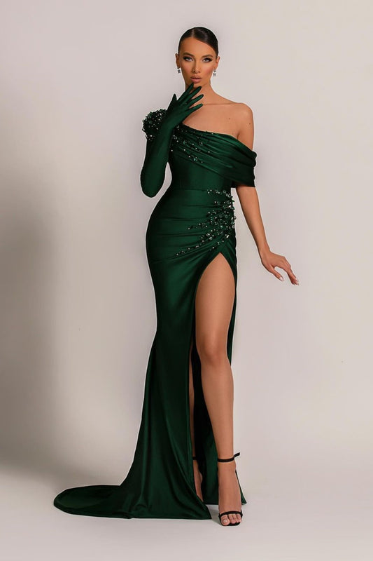 Gorgeous Dark Green One Shoulder Single Sleeve Mermaid Prom Dress Beadings With Split