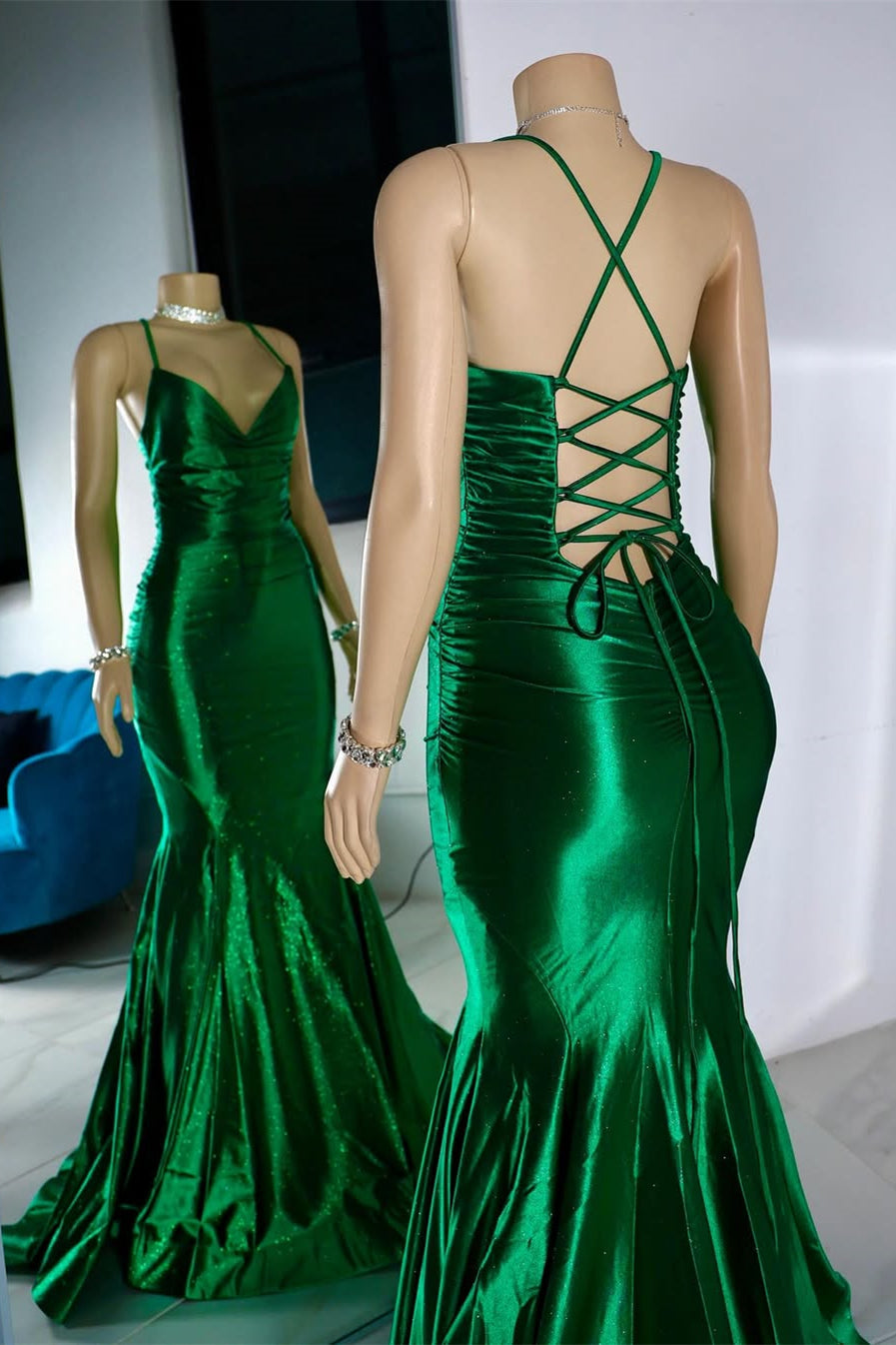 Modern Emerald Green Spaghetti-Straps Prom Dress Mermaid Sleeveless Lace-Up