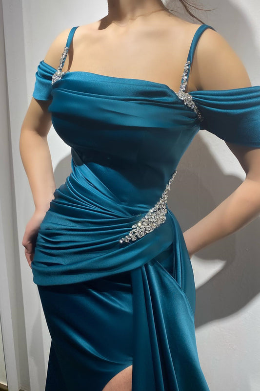 New Arrival  Ink Blue Off-The-Shoulder Spaghetti-Straps Mermaid Prom Dress Beaded With Split Ruffles