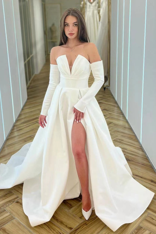 White Long Sleeves V-Neck A-Line Prom Dress with Split
