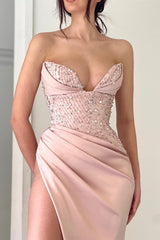 Stunning Pink Sweetheart Mermaid Prom Dresses Split Long With Sequins Beads