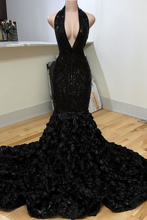 Gorgeous Black Halter Mermaid Prom Dress Sequins With Flower Bottom