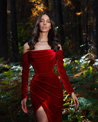 Stunning Burgundy Velvet Long Sleeves Prom Dress Off-the-Shoulder With SLit