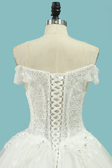 Off-The-Shoulder A-Line Wedding Dress with Elegant Lace Appliques and Sequins Tulle