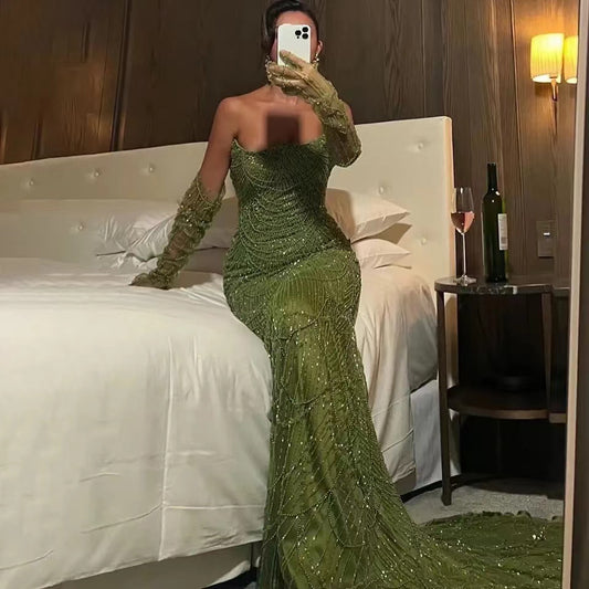 Beautiful Green Strapless Sequins Pearls Prom Dresses Mermaid Long With Gloves