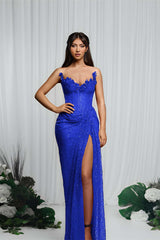 Gorgeous Red V-Neck Sequin Mermaid Prom Dress Sleeveless High Split