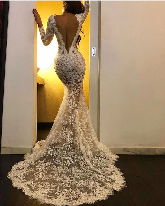 White Lace Long Sleeves Prom Dress Mermaid With Slit