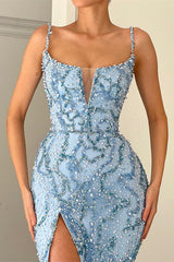 Gorgeous Spaghetti-Straps Mermaid Prom Dress Split With Beadings Sleeveless