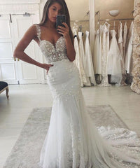 Mermaid Wedding Dress with Sweetheart Lace and Spaghetti Straps, Classic Tulle Appliques