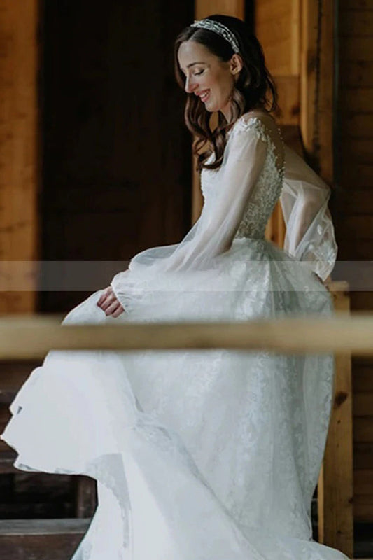Elegant Long-Sleeve Lace A-Line Gown in Tulle