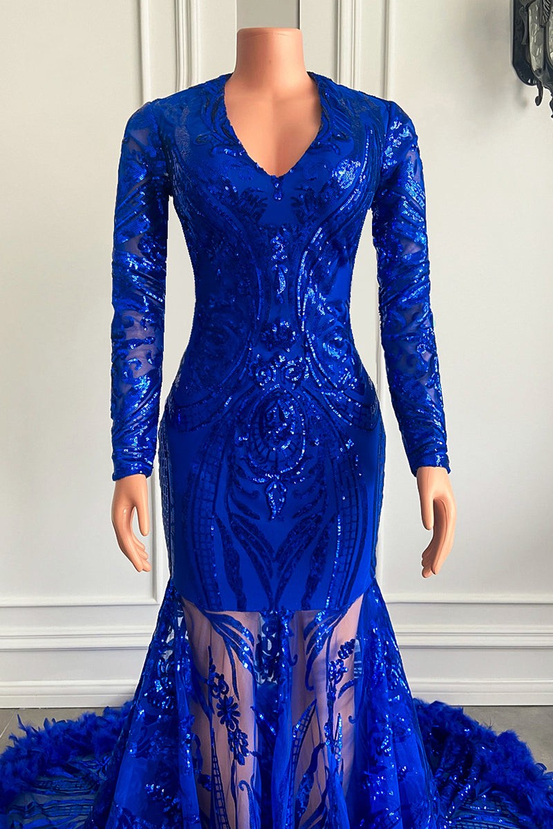 Classy Royal Blue Long Sleeves Prom Dress Mermaid Sequins With Feather