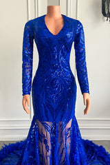 Classy Royal Blue Long Sleeves Prom Dress Mermaid Sequins With Feather