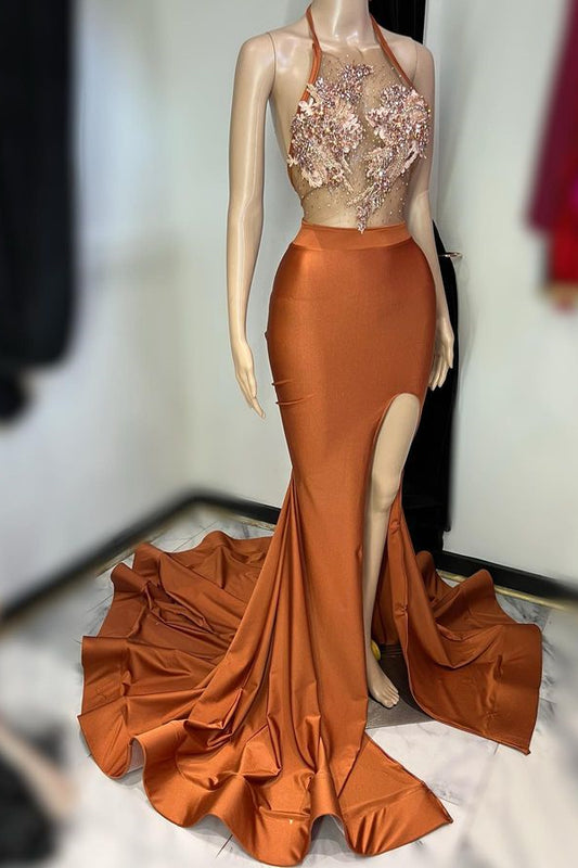 Gorgeous Burnt Orange Halter Sleeveless Mermaid Prom Dress Appliques With Split