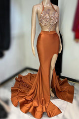 Gorgeous Burnt Orange Halter Sleeveless Mermaid Prom Dress Appliques With Split