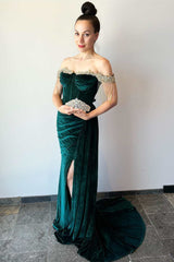 Classic Off-the-Shoulder Prom Dress Mermaid  Velvet With Beads Tassels