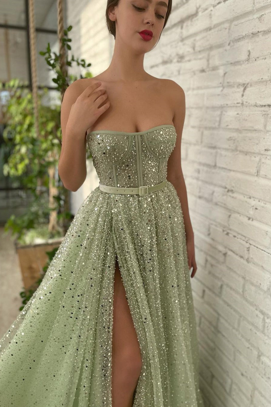 Glamorous Sage Green Strapless Prom Dresses Long Split With Sequins Beads