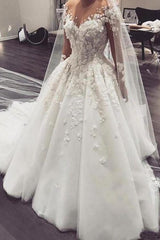 Elegant Floor-length Bateau Wedding Dress with Romantic Lace Appliques and Long Sleeves