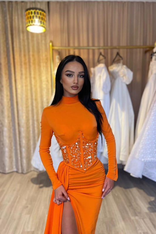 Gorgeous Orange High Neck Long Sleeves Mermaid Prom Dress Sequins With Split