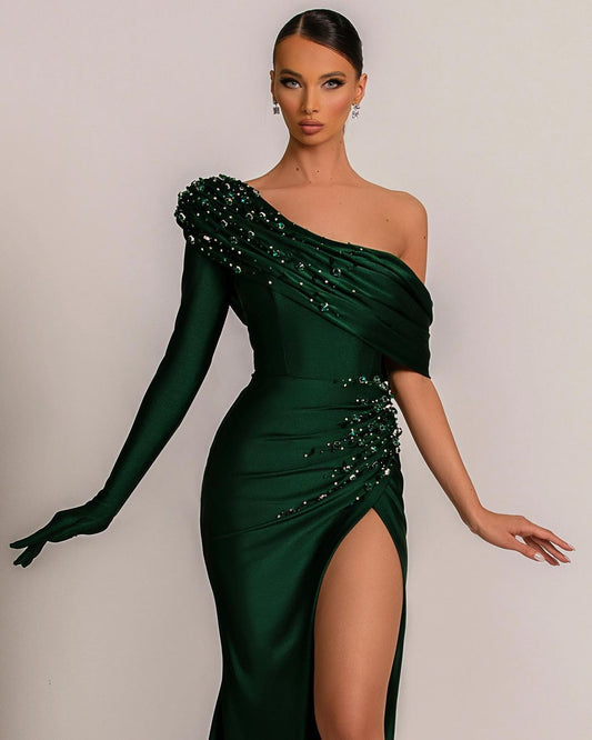 Emerald Green Evening Dress One Shoulder With Pearl Split