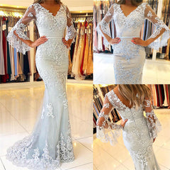 Half Sleeves Appliques Fit and Flare Prom Dresses Long