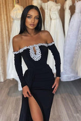 Charming Black Off-the-Shoulder Prom Dress Mermaid Long Sleeves Split With Pearls