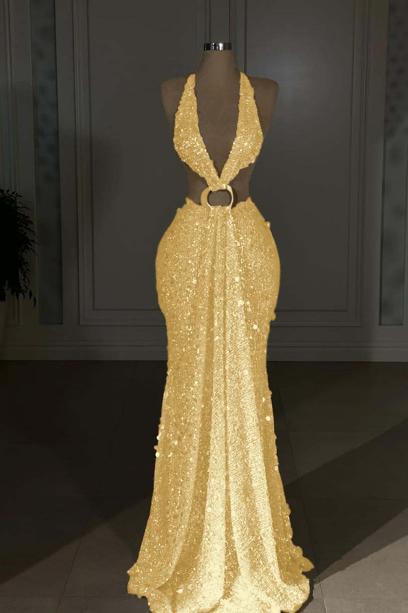 Glamorous Gold Halter Backless Sequin Evening Dress