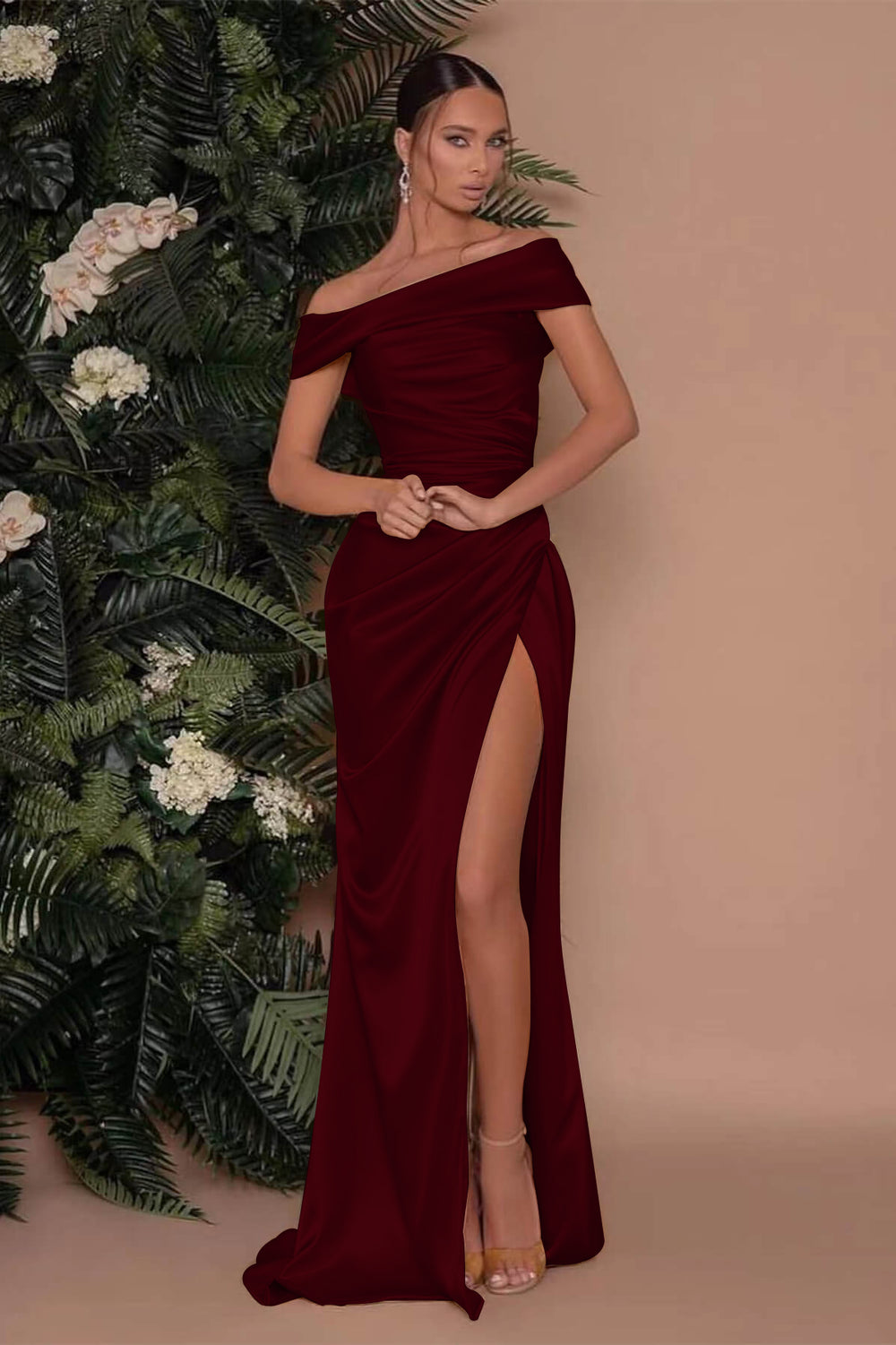 Champagne Off the Shoulder Charmeuse Prom Dress Split Mermaid