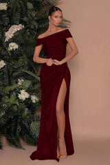Champagne Off the Shoulder Charmeuse Prom Dress Split Mermaid