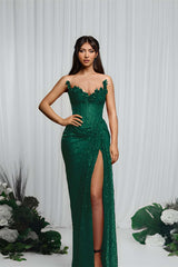 Gorgeous Red V-Neck Sequin Mermaid Prom Dress Sleeveless High Split