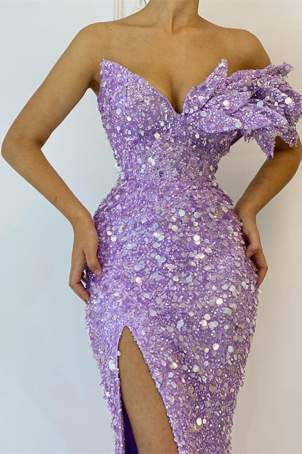 Beautiful Lilac V-Neck Off-the-Shoulder Mermaid Sequins Prom Dress with Split