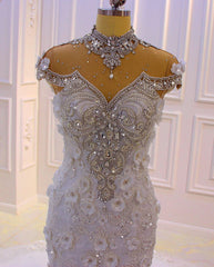 Elegant Mermaid Gown with High Neck, Crystal Tulle, and Lace Appliques