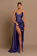 Elegant Dusty Blue Prom Dress Long V Neck Dress With Slit Pleated