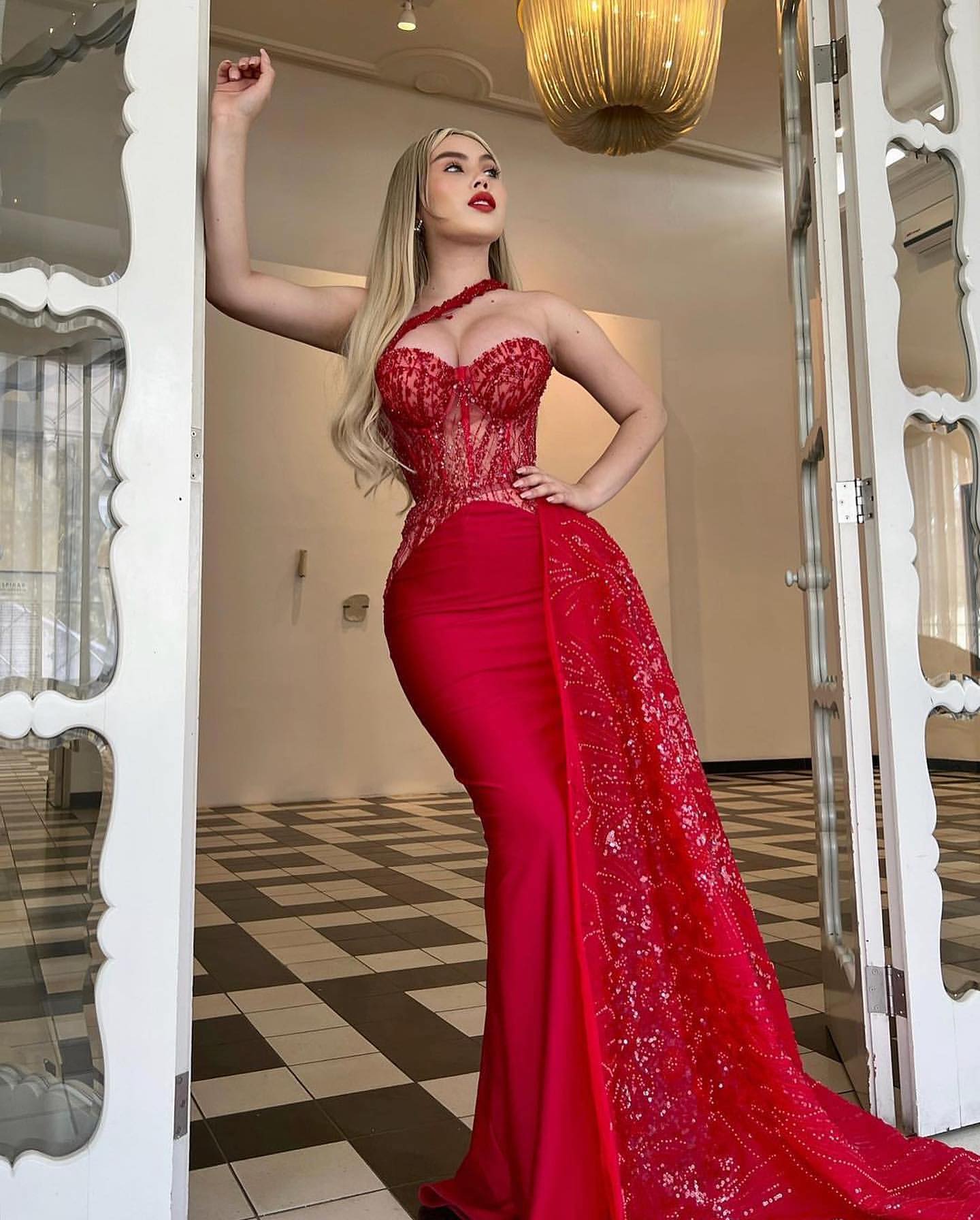 Red Tulle Applique Prom Dress Strapless Long Mermaid Dress