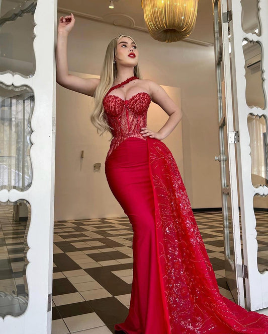 Red Tulle Applique Prom Dress Strapless Long Mermaid Dress