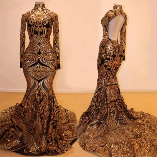 Classic Long Sleeves Mermaid Prom Dress With Golden Sequins Lace Pattern