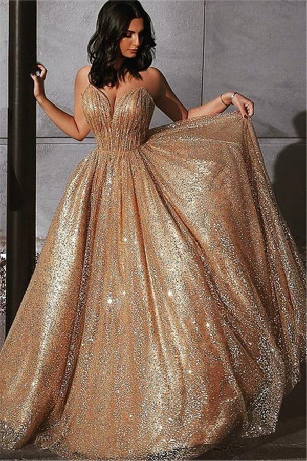 Charming Gold Shinning Sequined Spaghetti-Straps Prom Dress Long Backless