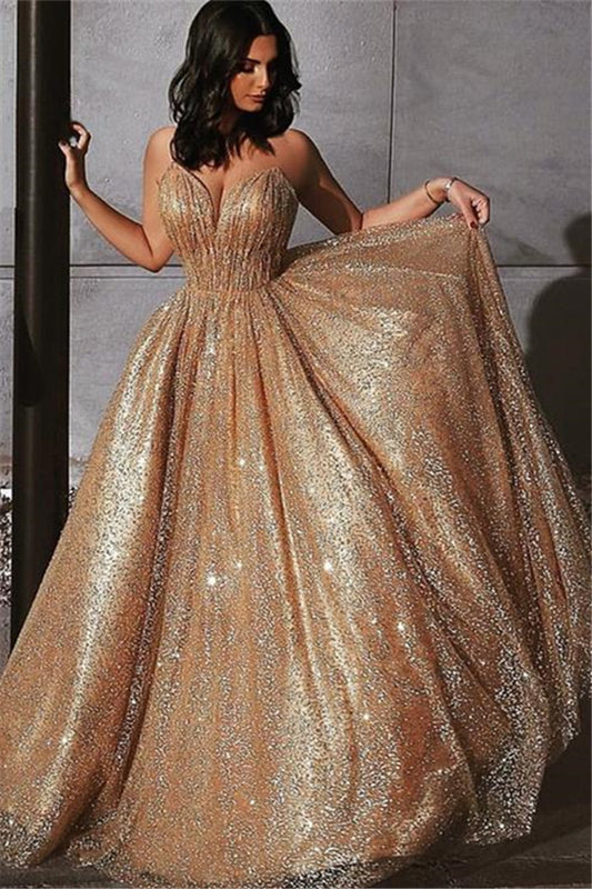 Charming Gold Shinning Sequined Spaghetti-Straps Prom Dress Long Backless