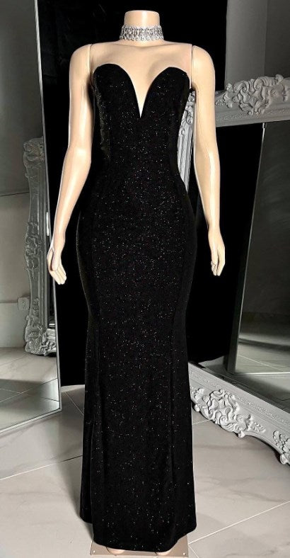 Black Sequins Prom Dress Sleevesless Long Mermaid V Neck Strapless