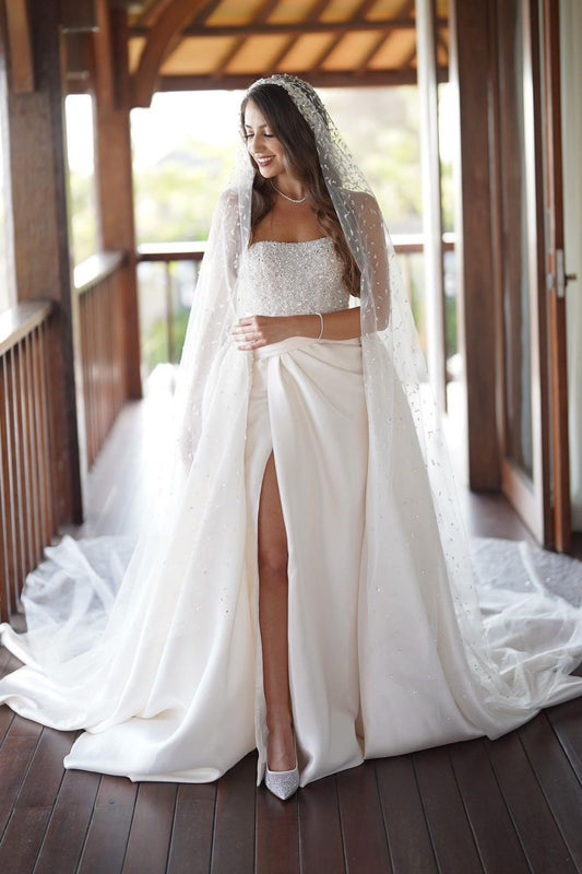 Strapless Sleeveless White Long Wedding Dress with Slit and Sequins
